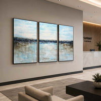 large Blue Seascape Paintings Triptych 3 Panel Oil Art For Office lobby