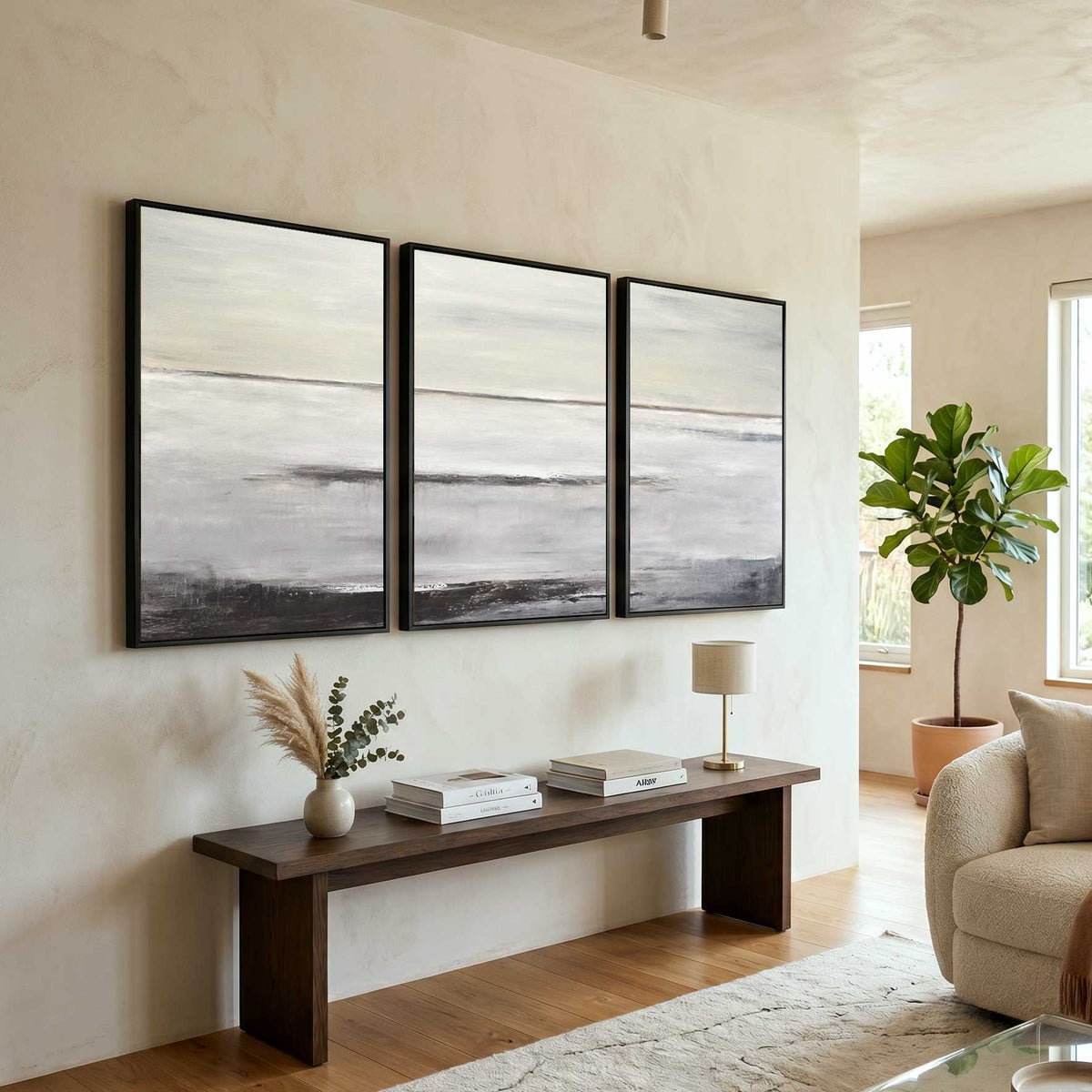 oversized 3 Panel Large Art For Office Reception Triptych Brown Beige Paintings