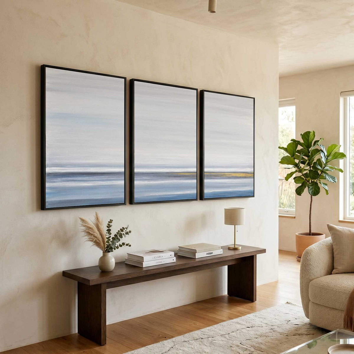 Minimal seascape Blue White Art Set Of 3 For living Room