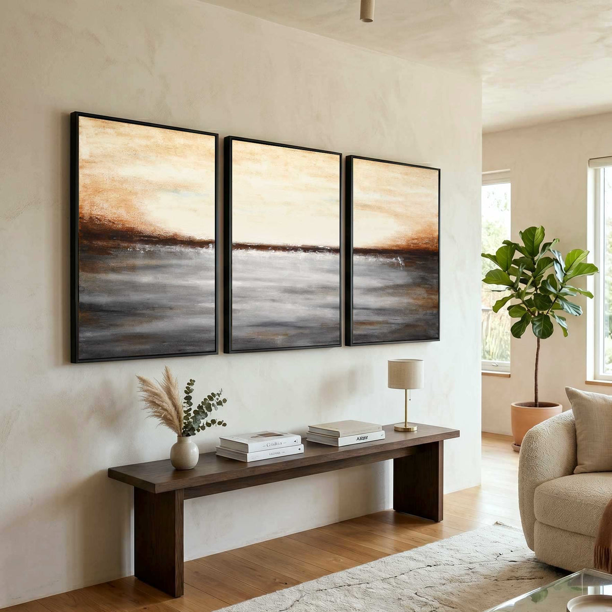 Set of 3 Paintings For Office Conference Room Landscape Brown Art