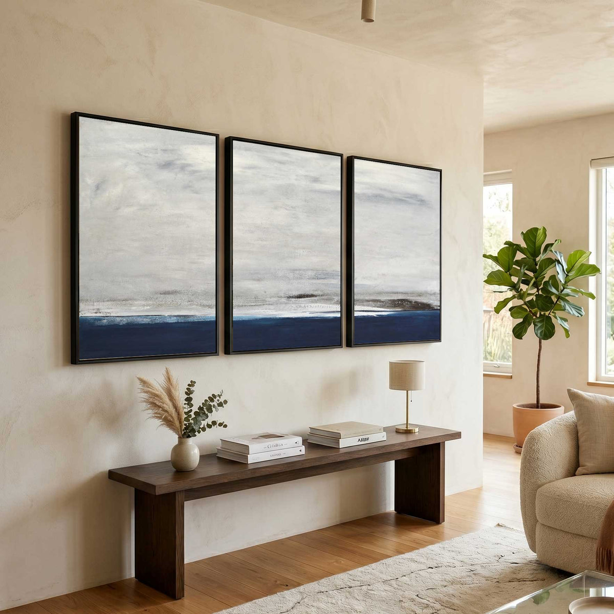 frame Deep Blue Set of 3 Seascape Coastal Art oil canvas Large Handmade Paintings