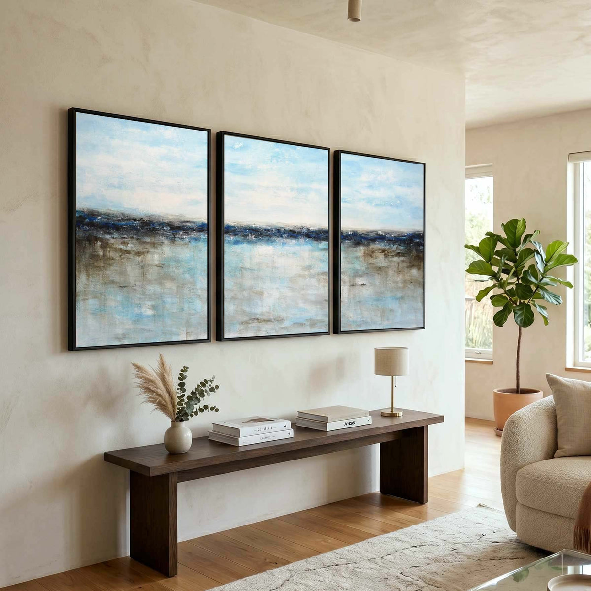 handmade oversized Blue Seascape Paintings Triptych set of three Art For home