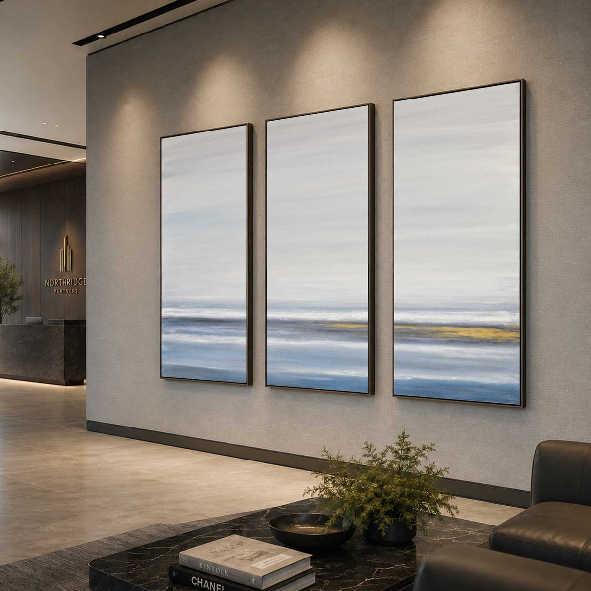 triptych for office Minimalist Landscape Blue White Art Set Of 3 For Conference Room
