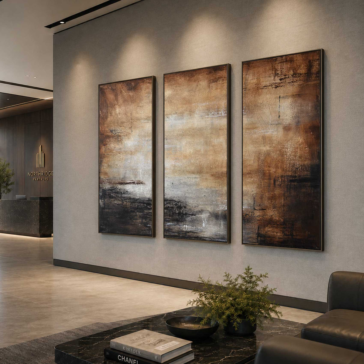 Set of 3 framed Brown Abstract Landscape office  Paintings Handmade Art
