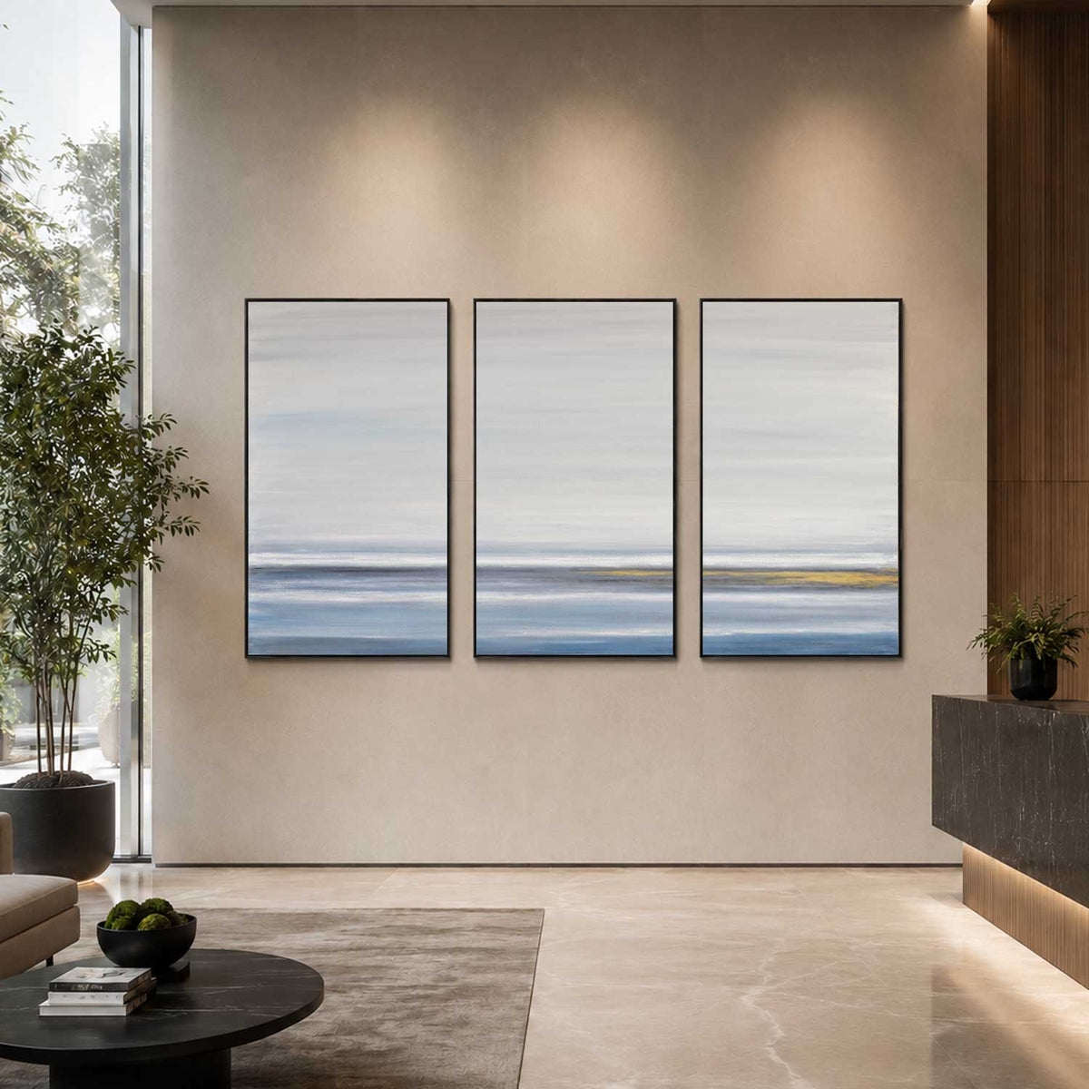 framed Minimal Landscape Blue White Art Set Of 3 For Conference Room
