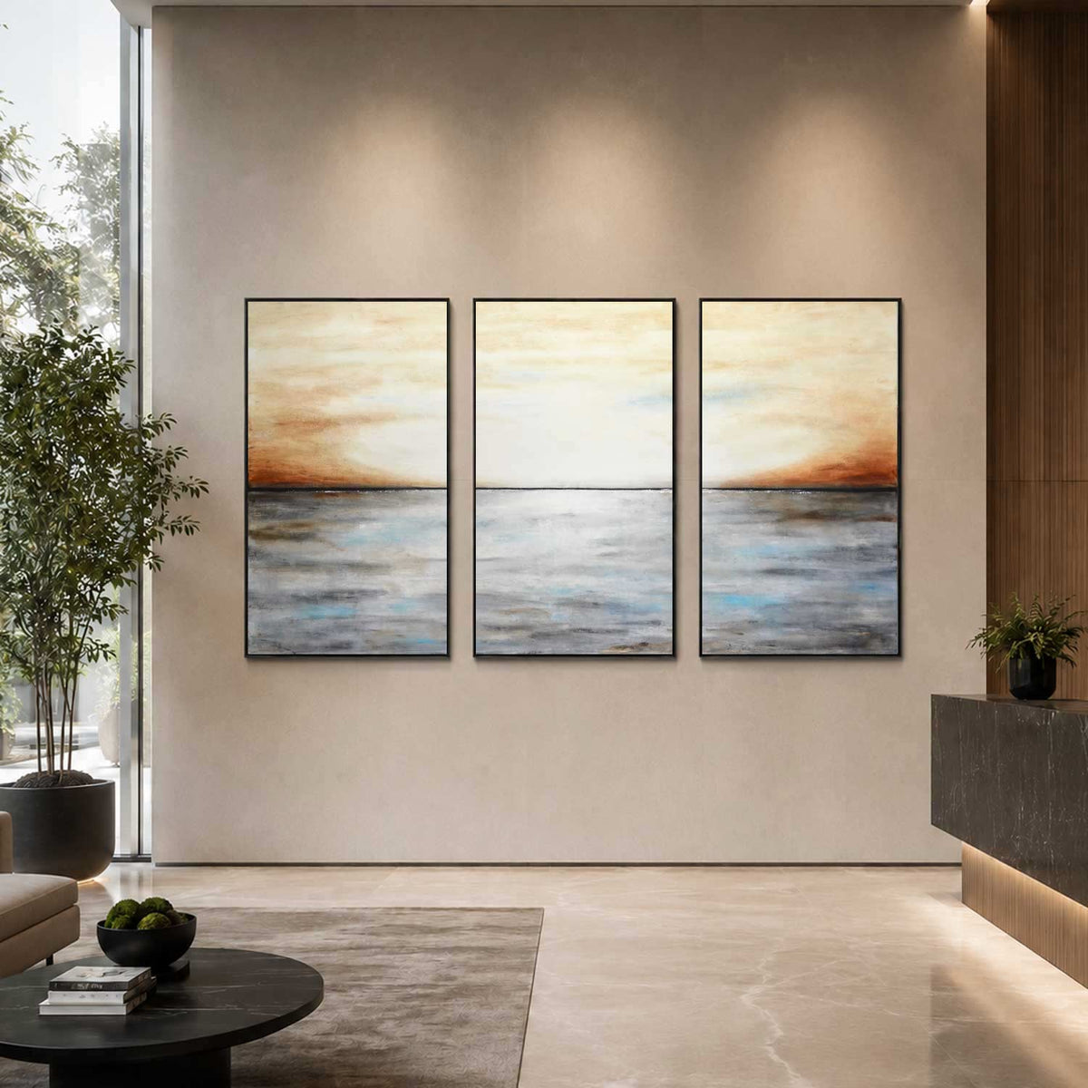 Brown Beige Large Triptych Landscape Art On Canvas Three Piece Paintings office wall