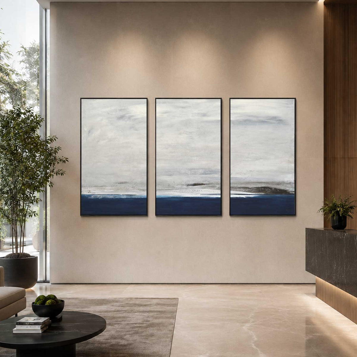 office art Deep Blue triptych Seascape Coastal Art Large Handmade Paintings