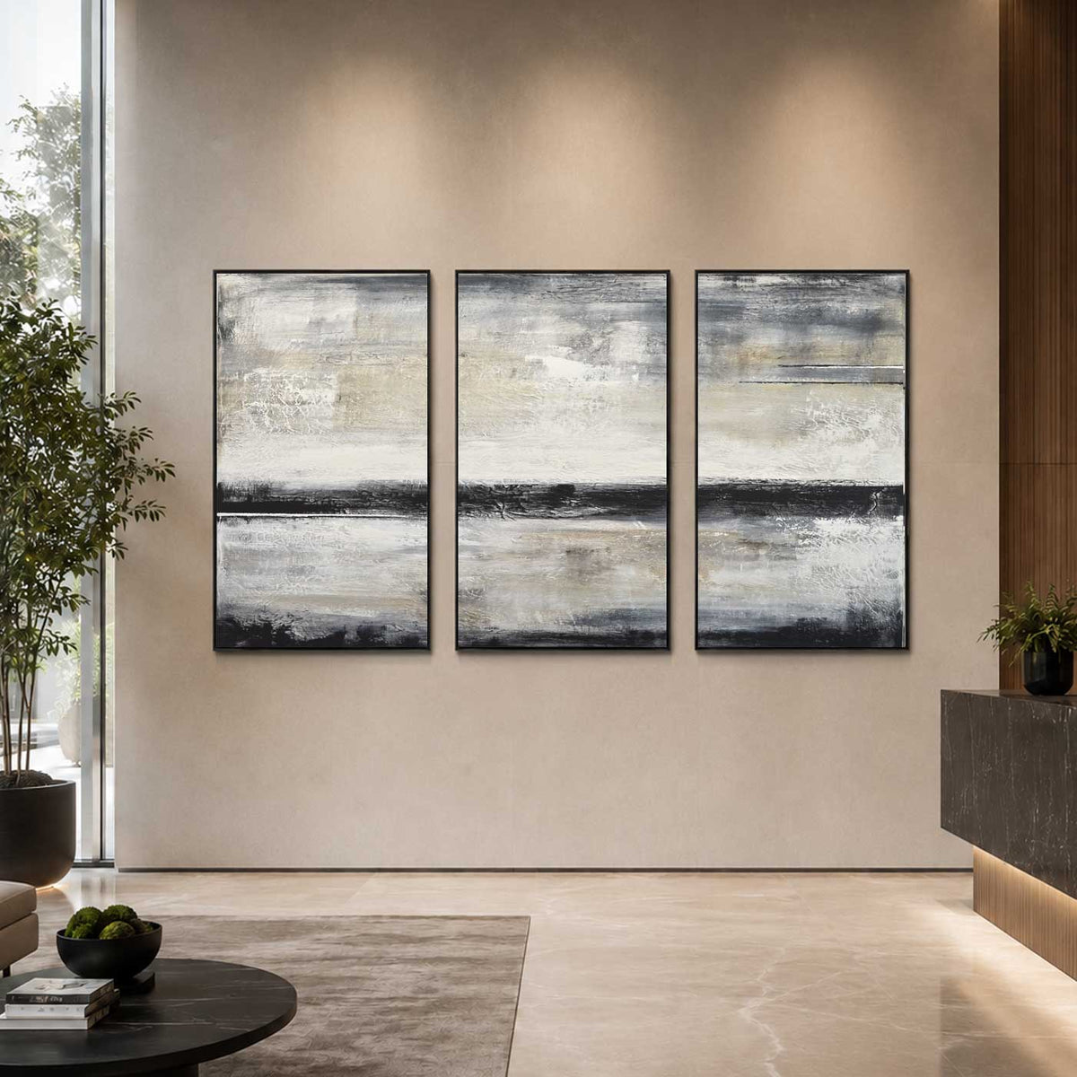 office lobby Hand Painted 3 Piece Wall Art On Canvas Beige Black Line Paintings