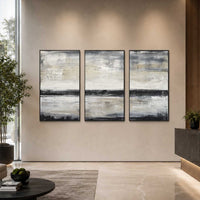 office lobby Hand Painted 3 Piece Wall Art On Canvas Beige Black Line Paintings