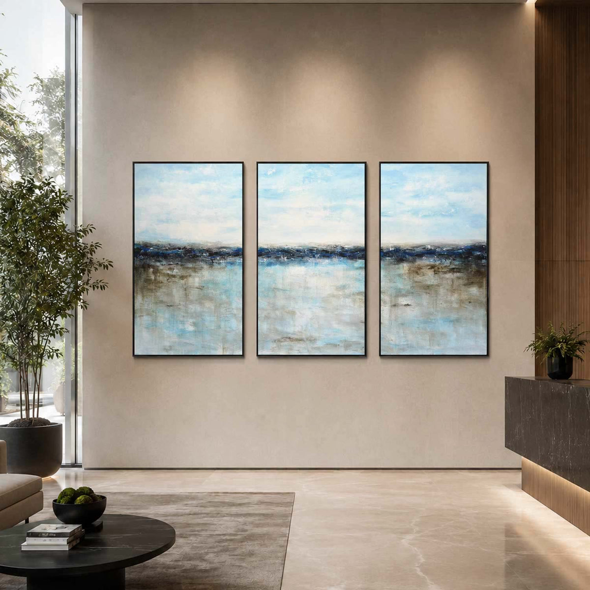 framed Blue Seascape Paintings Triptych 3 Piece Oil Art For Office  Reception