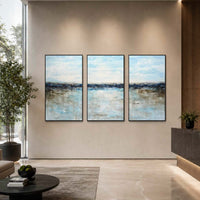 framed Blue Seascape Paintings Triptych 3 Piece Oil Art For Office  Reception