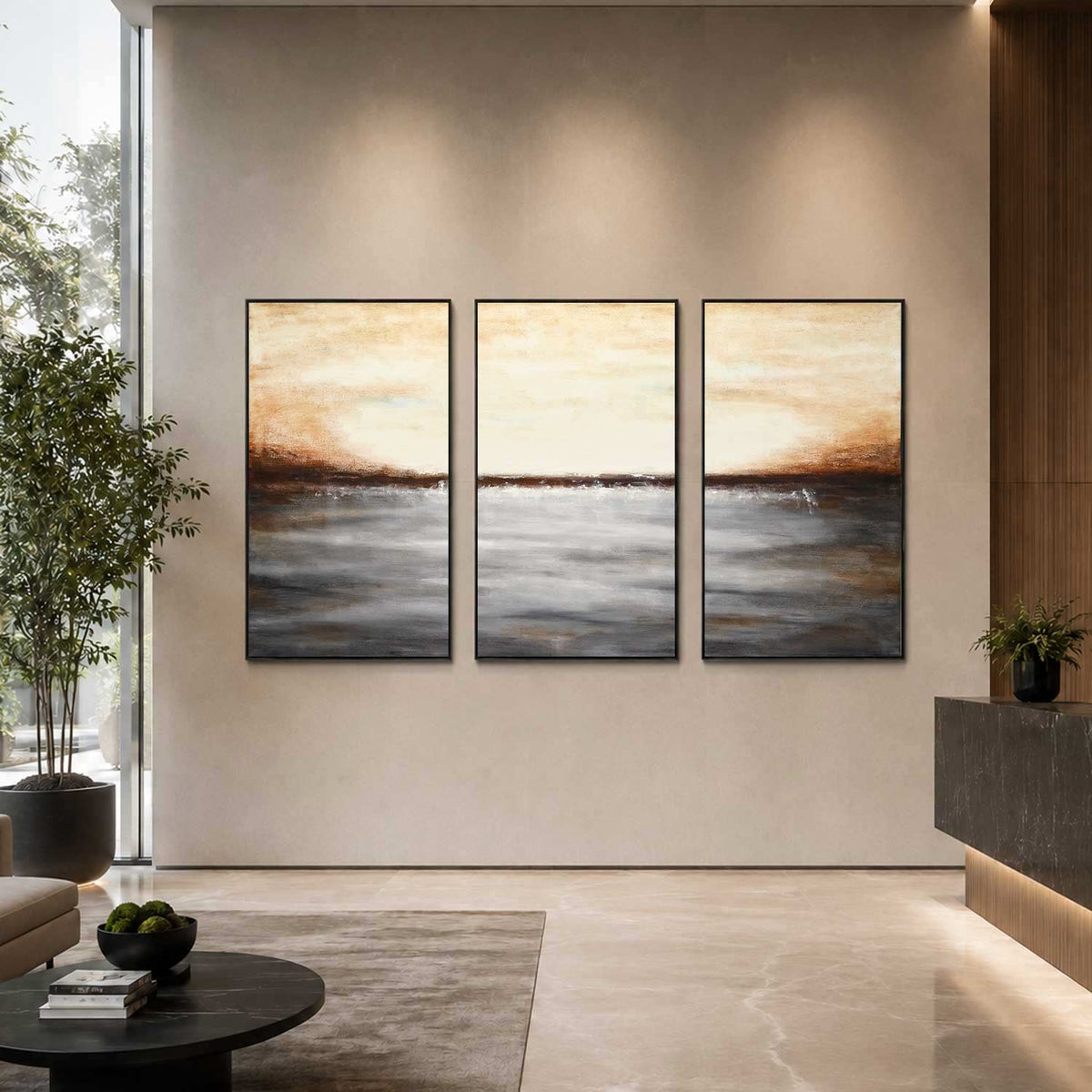 triptych set of three Paintings For Office Conference Room Landscape Brown Art