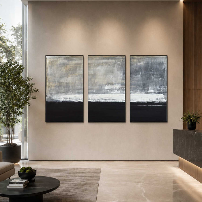 set of 3 Framed Art for Large Walls Black White Hand Painted