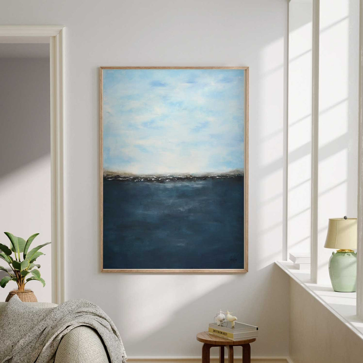 large Deep Blue Abstract Seascape Painting Framed Art Original Artwork