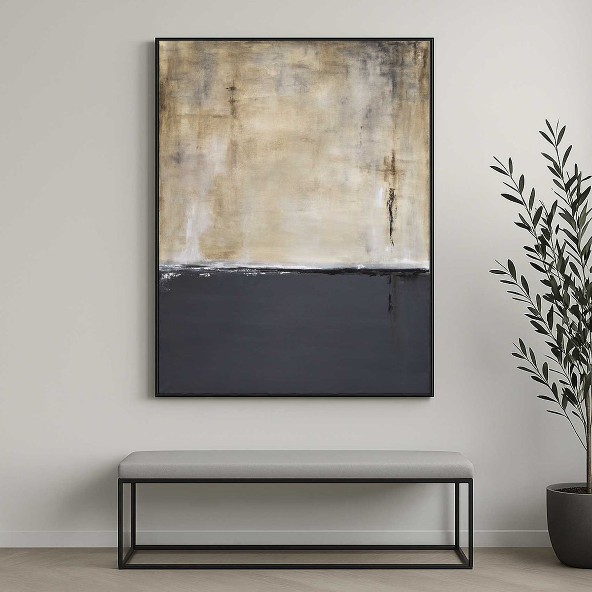 Gray Beige Vertical Contemporary Wabi Sabi Painting Framed Art above bench