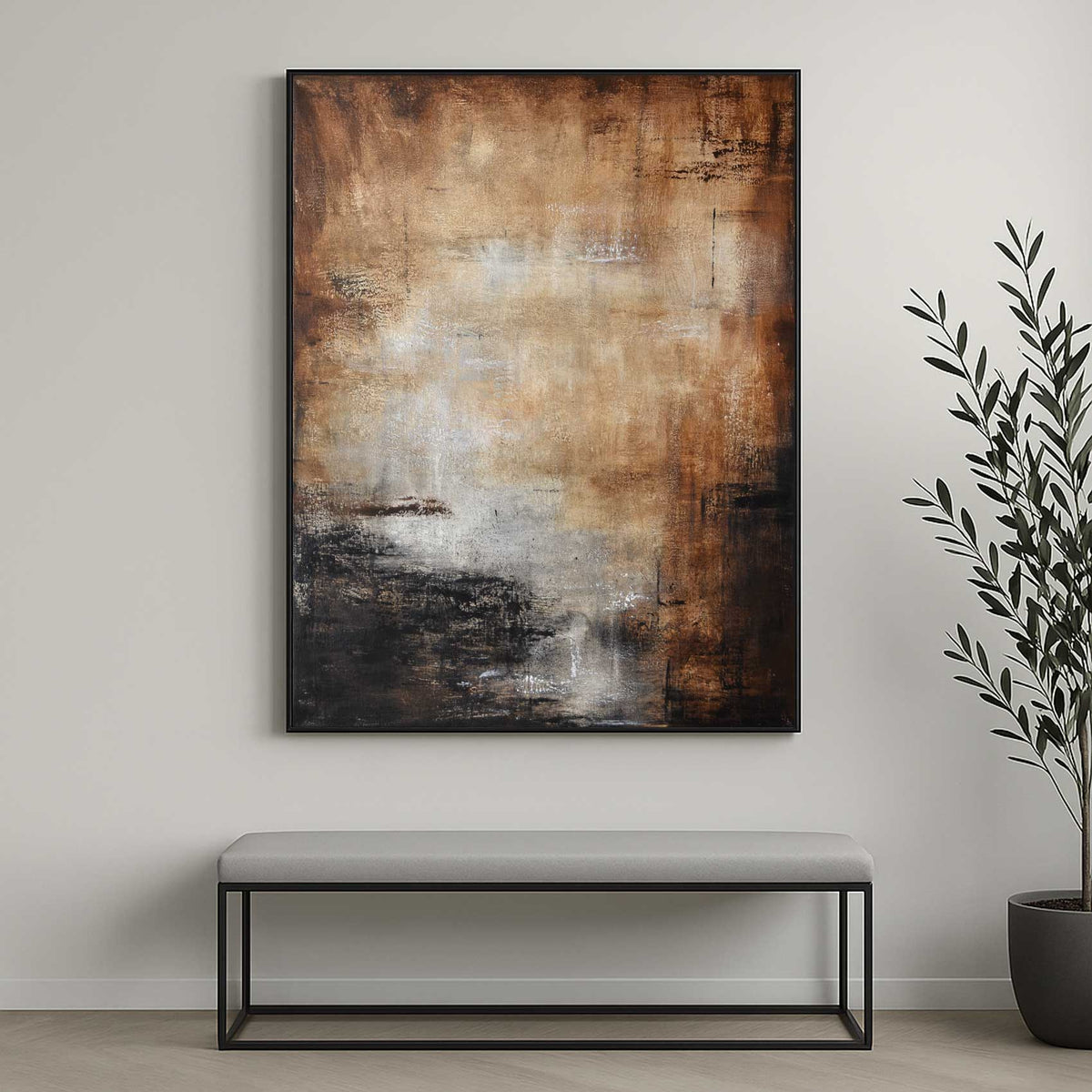 Brown Earth Tones Painting Warm Colors Handmade in USA above bench