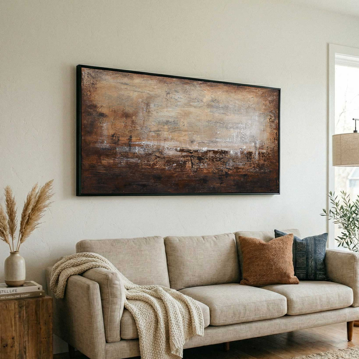 warm brown painting above couch