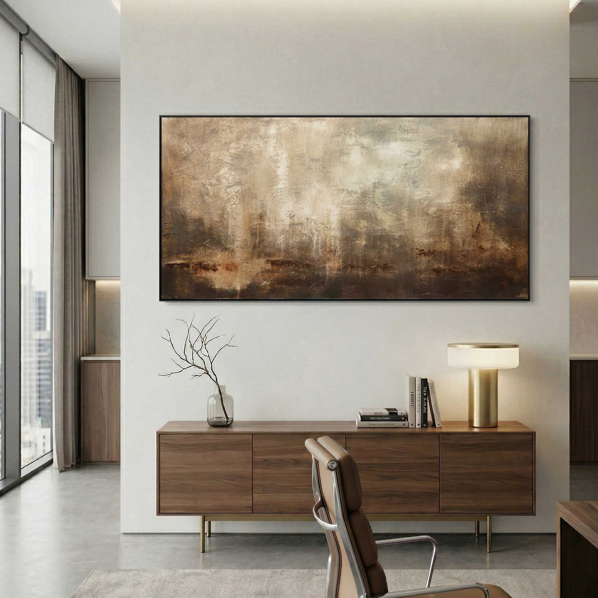 wide Painting Above office space Calming Brown Art