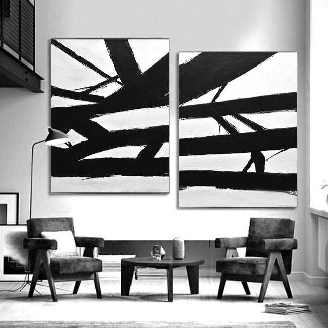 Large set of 2 paintings black and white abstract contemporary art Whitman