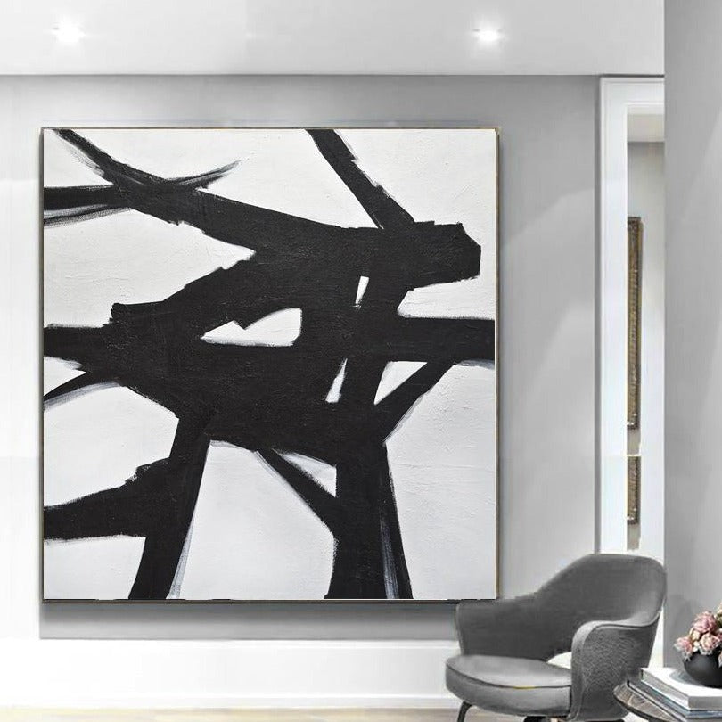 Large Black and White Lines Art Painting
