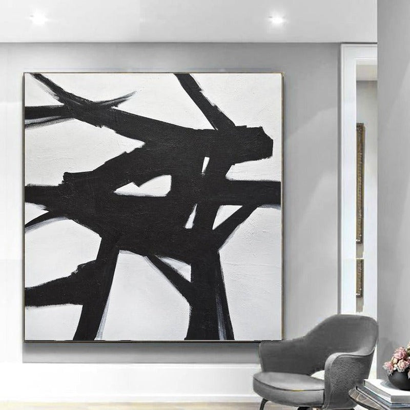 Large Black and White Lines Art Painting