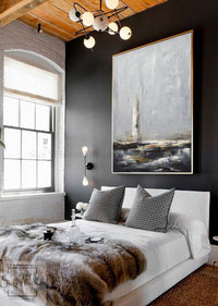 seascape light house painting above bed