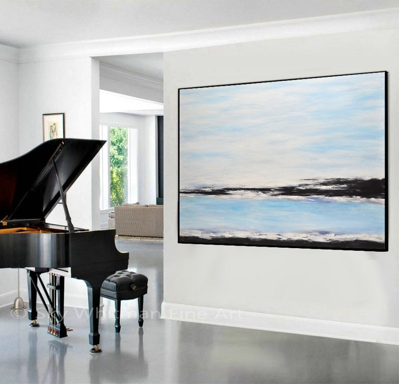 large landscape painting blue white black