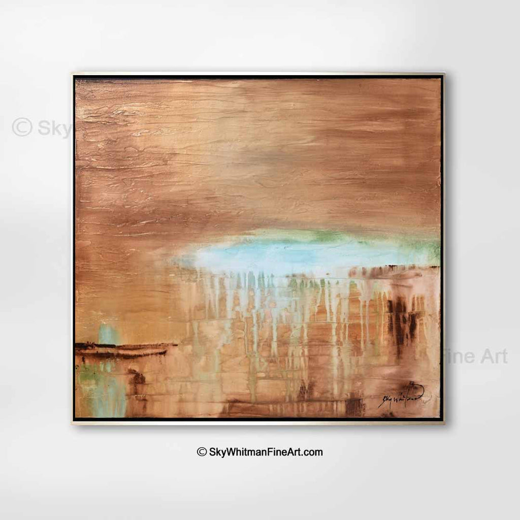 Original blue brown painting abstract art modern art textured framed painting Bethany Sky Whitman diepte kleur collection
