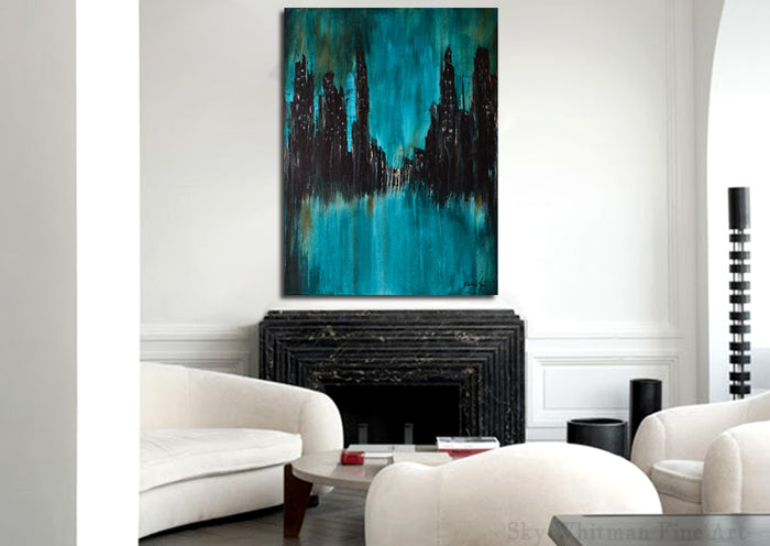"Urban Myth" Blue Abstract Painting Cityscape Art