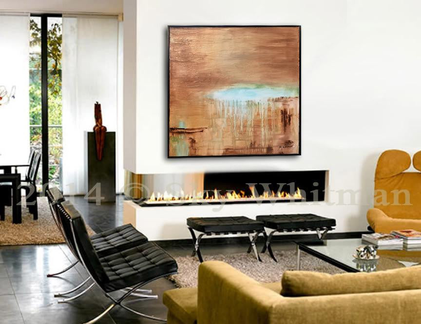 Original blue brown painting abstract art modern art textured framed painting Bethany Sky Whitman diepte kleur collection