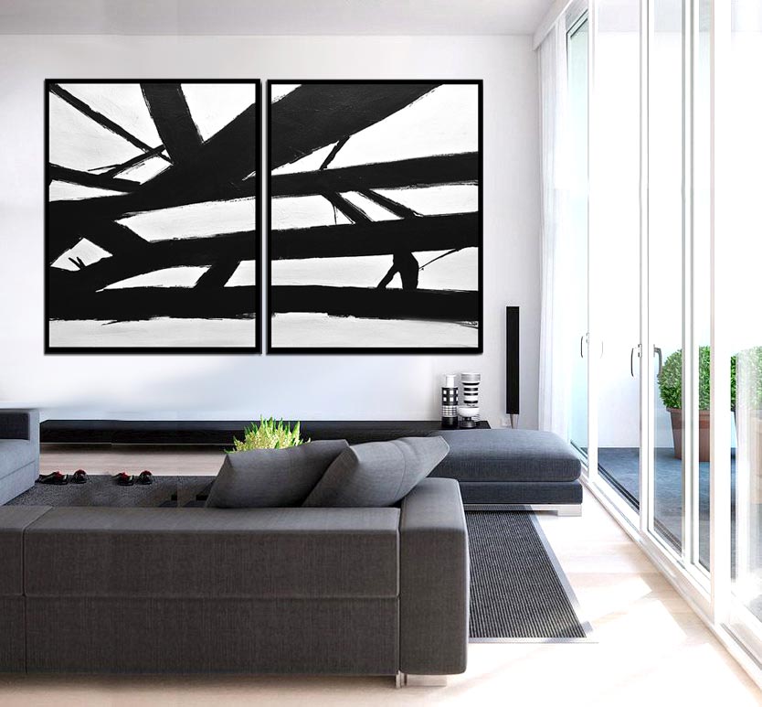 Large set of 2 paintings black and white abstract contemporary art Whitman