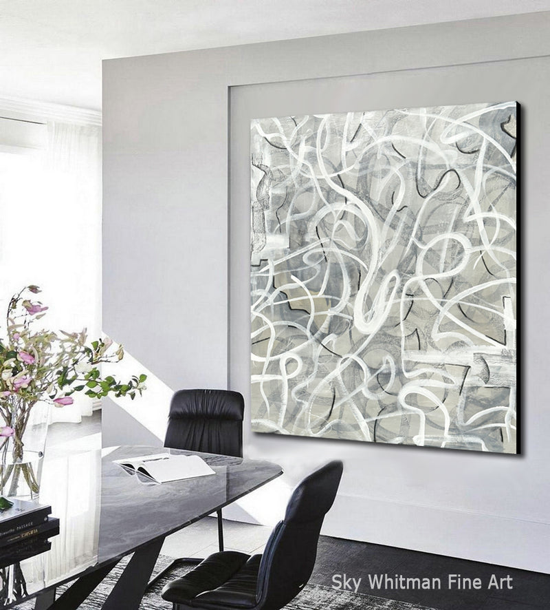 "Worlds Collide" XL 38"x48" Beige White Lines Abstract Expressionism