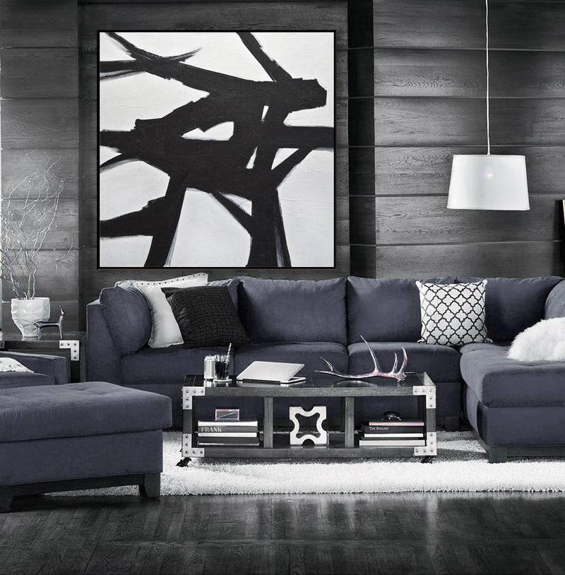 Large Black and White Lines Art Painting